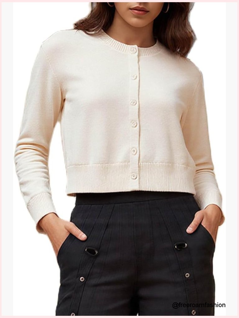 Cropped Cardigan Sweater Button Up Long Sleeve Round Neck Knit Top Fall Winter